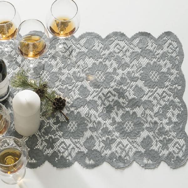 Pewter Grey Floral Lace Table Runner - 18" x 96"